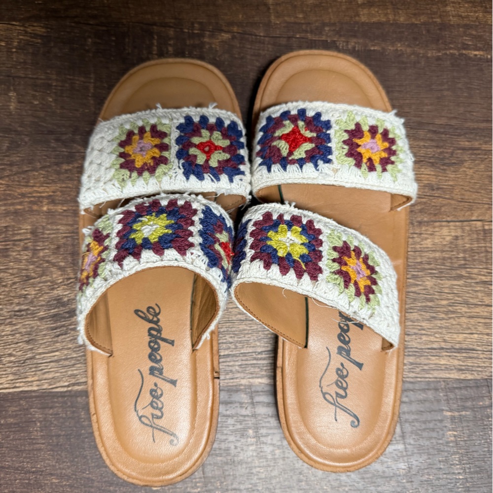 Free People Women's White Crochet Double Strap Slide Sandals